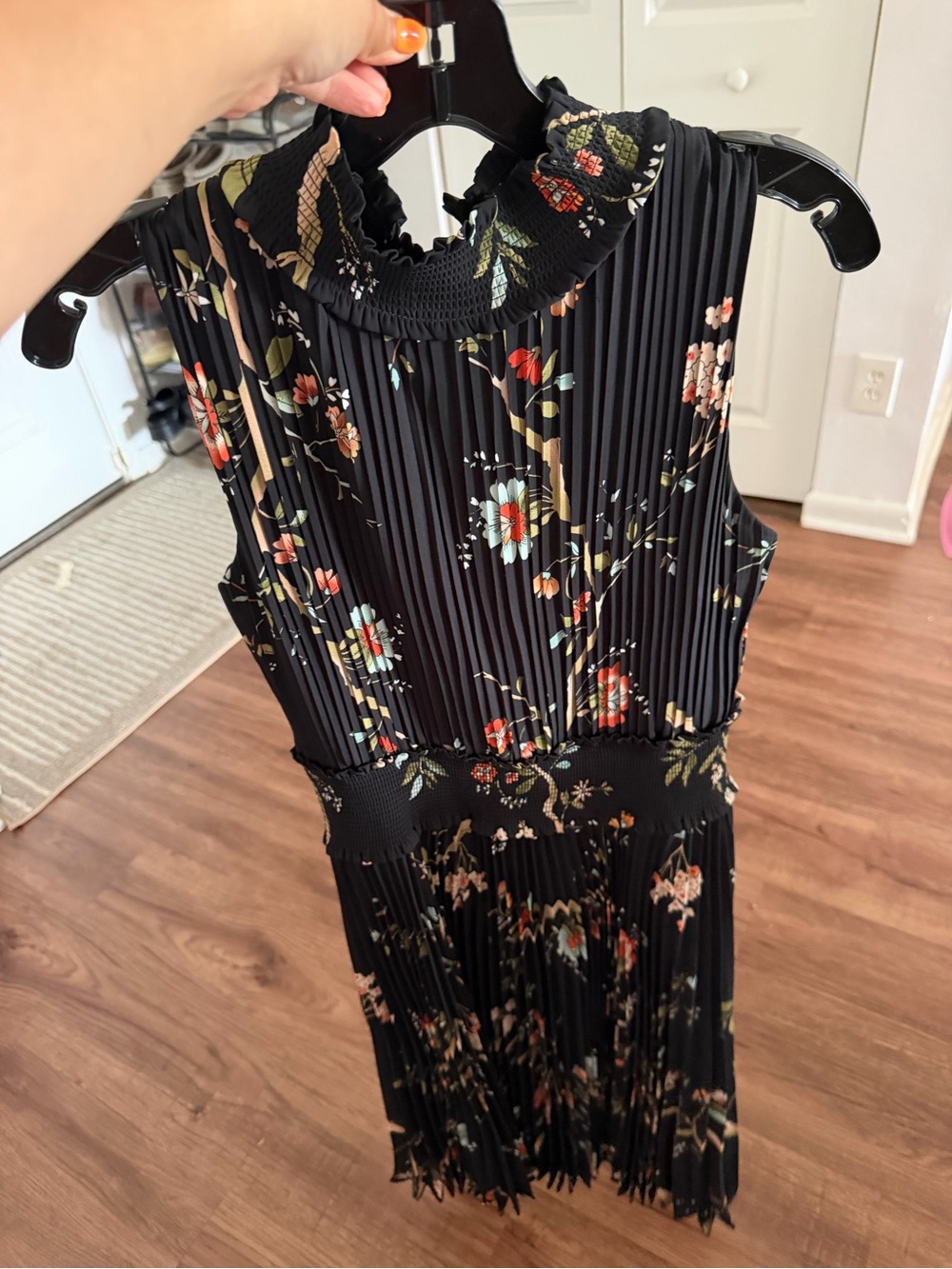 Nanette Lepore Black Floral Pleated Midi Dress Smocked Neck Size 8